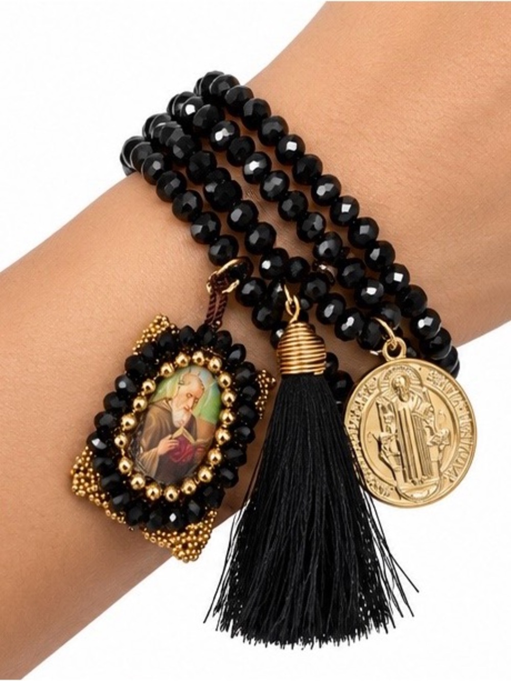 Black Beaded Religious bracelet and earrings set